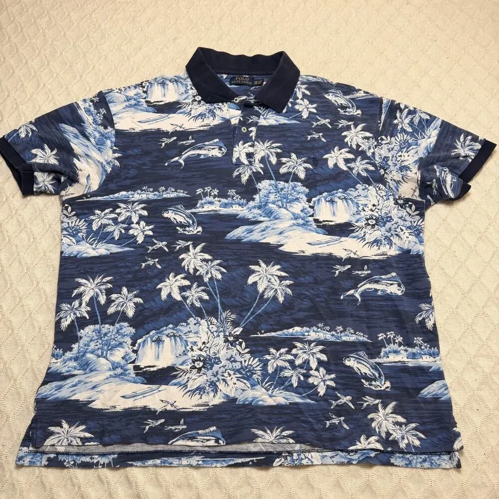 POLO RALPH LAUREN Polo Shirt Men Large Blue Hawaiian Tropical Fishing Resort 2XB